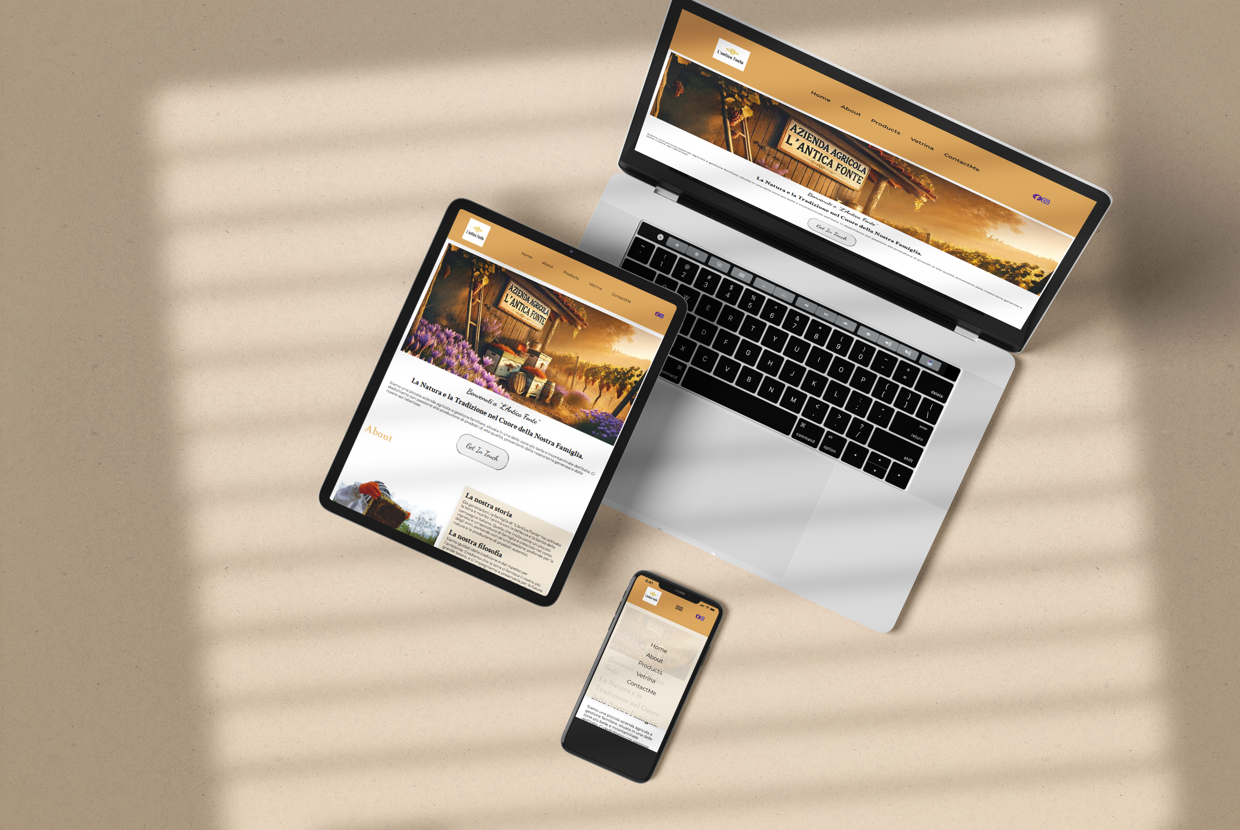 Mockup del sito L’Antica Fonte visualizzato su desktop, tablet e smartphone