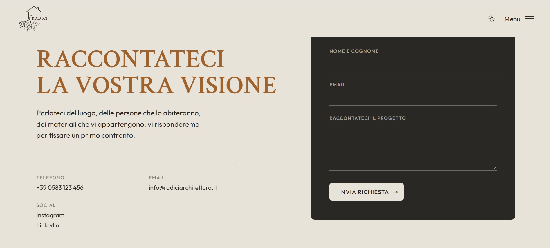 Sezione contatti con form di richiesta